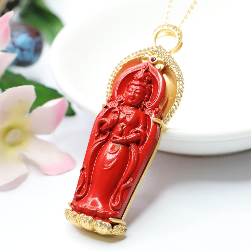 Divine Cinnabar Guanyin Necklace in Red Sand Golden Finish