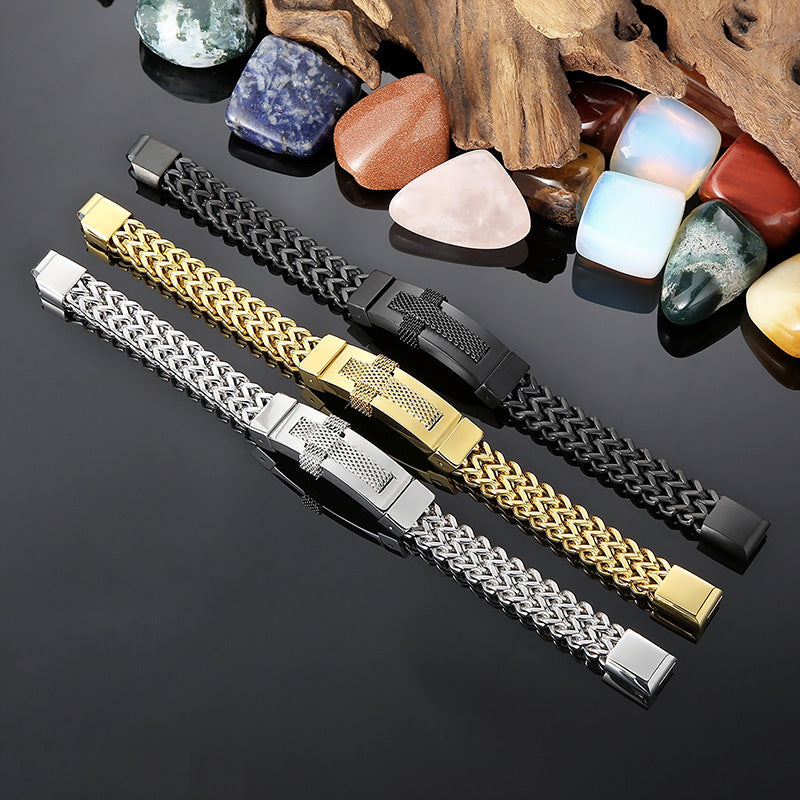 Trendy Woven Cross Stainless Steel Bracelet for Men - Hip-Hop Style with Rock Vacuum Plating