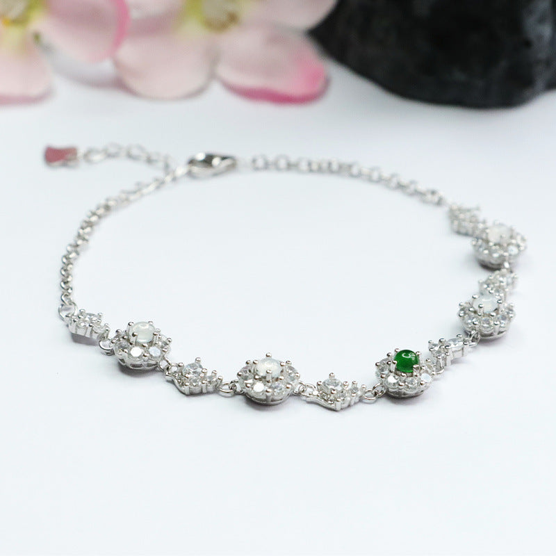 Sterling Silver Natural Ice Jadeite Bracelet with King Green and White Ice Myanmar Jade