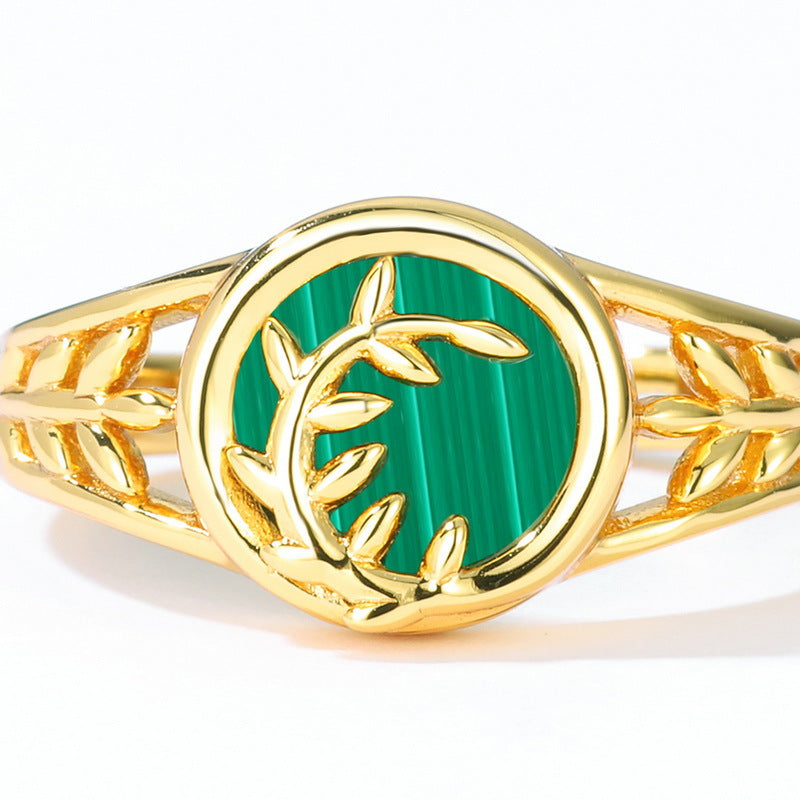 Round Shape Malachite Willow Leaf Opening Sterling Silver Ring