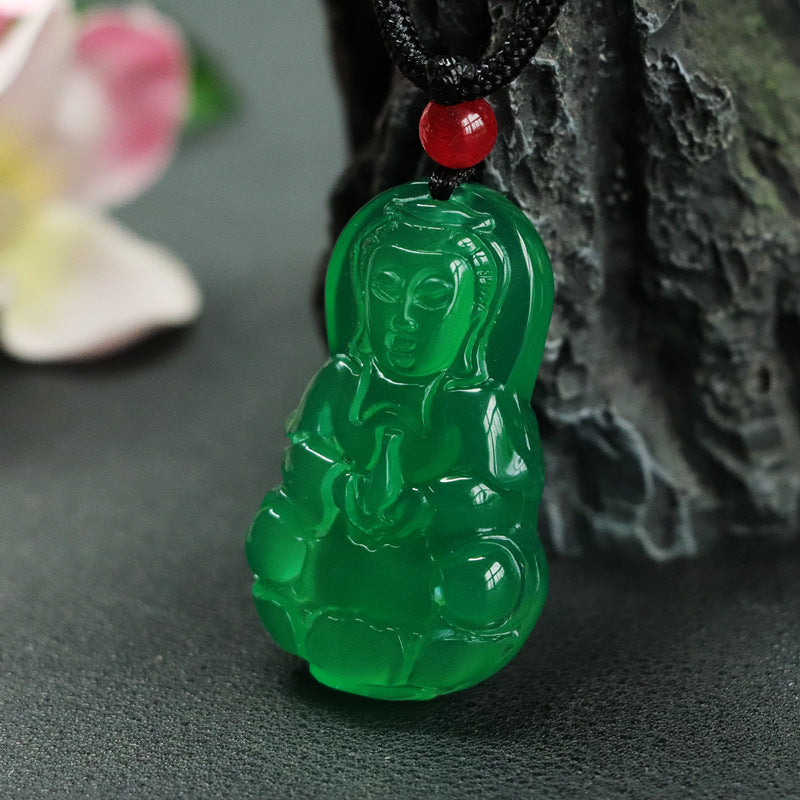 Natural Green Jade Chalcedony Guanyin Pendant Jewelry