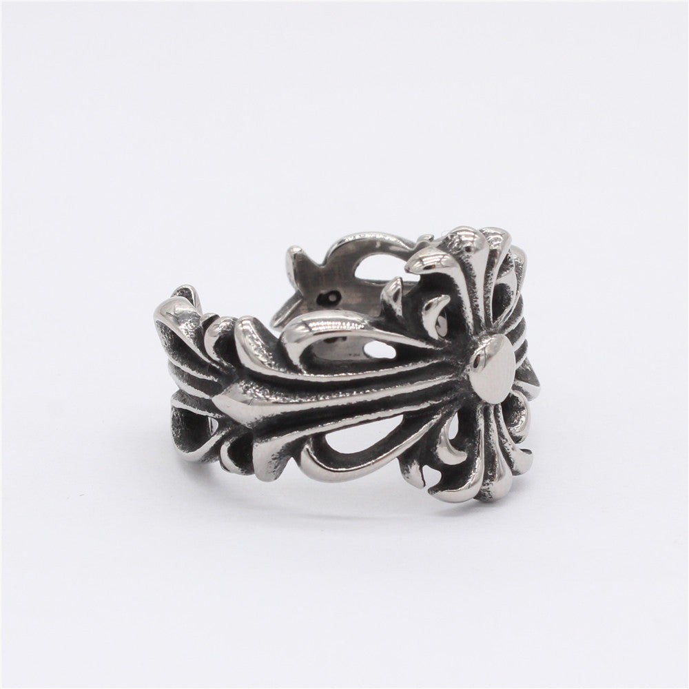 Hollow Cross Flower Opening Titanium Steel Ring for Men