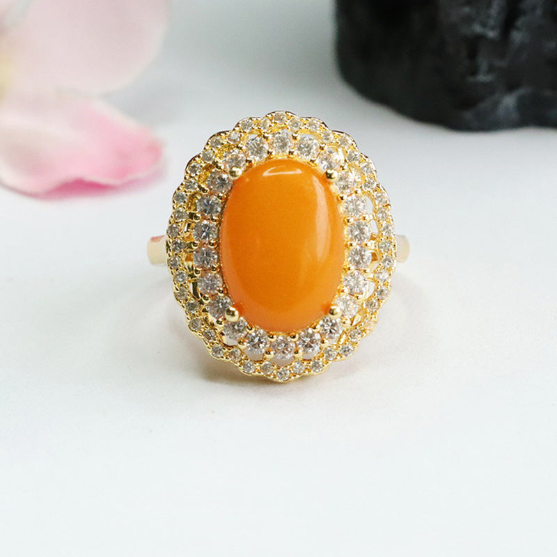 Amber Beeswax Sterling Silver Ring with Zircon Halo Lace