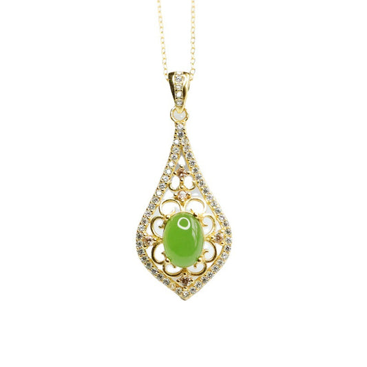 Water Drop Hollowed Jade Jasper Necklace with Zircon Pendant