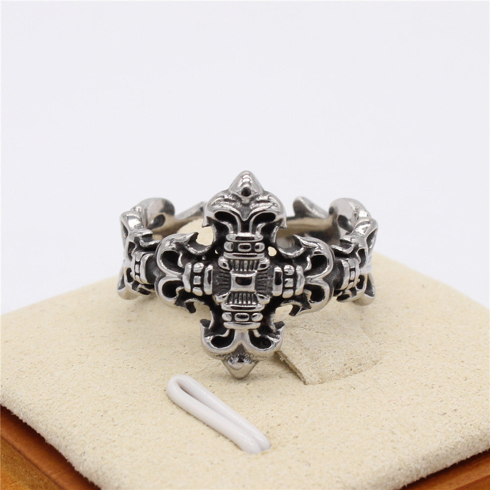 Gothic Cross Flower Open Titanium Steel Ring for Men