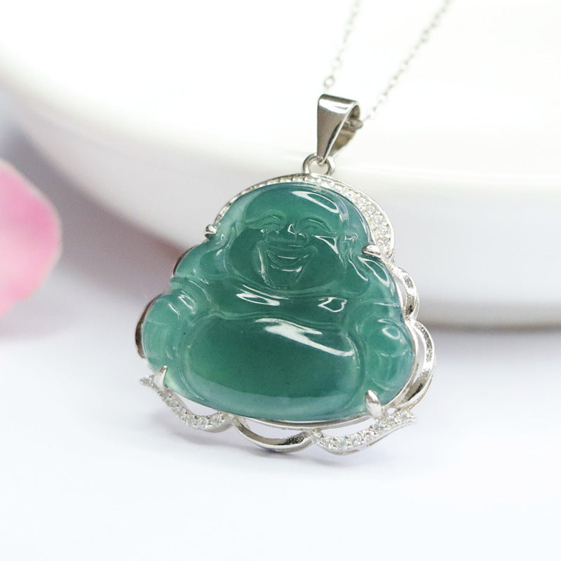 Buddha Necklace with Ice Blue and Green Myanmar Jade