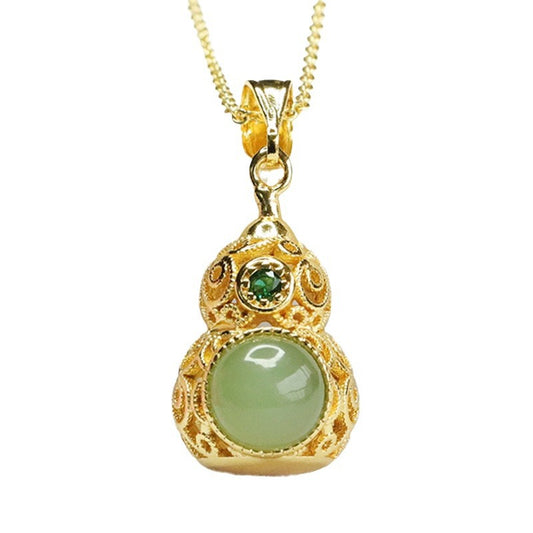 Jewelry Pendant with Hollow Gourd Design Crafted from Sterling Silver and Jade