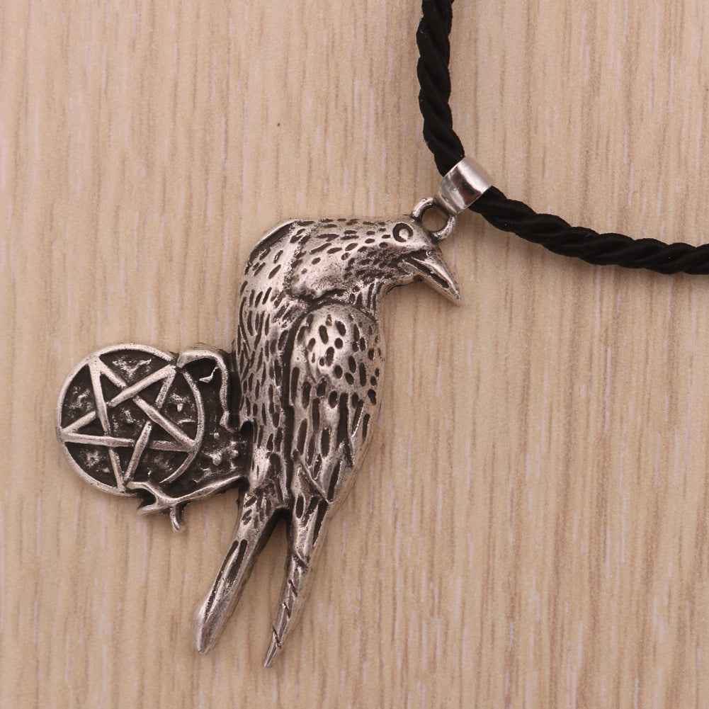 Viking Odin Crow Metal Necklace with European Tassel Pendant for Men