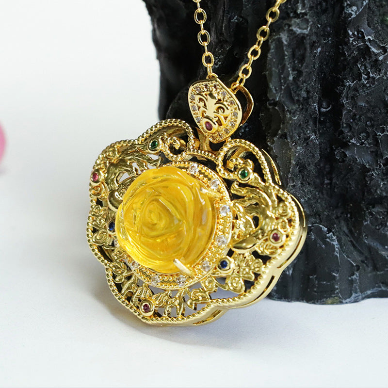 Amber Flower Ruyi Pendant with Hollow Design