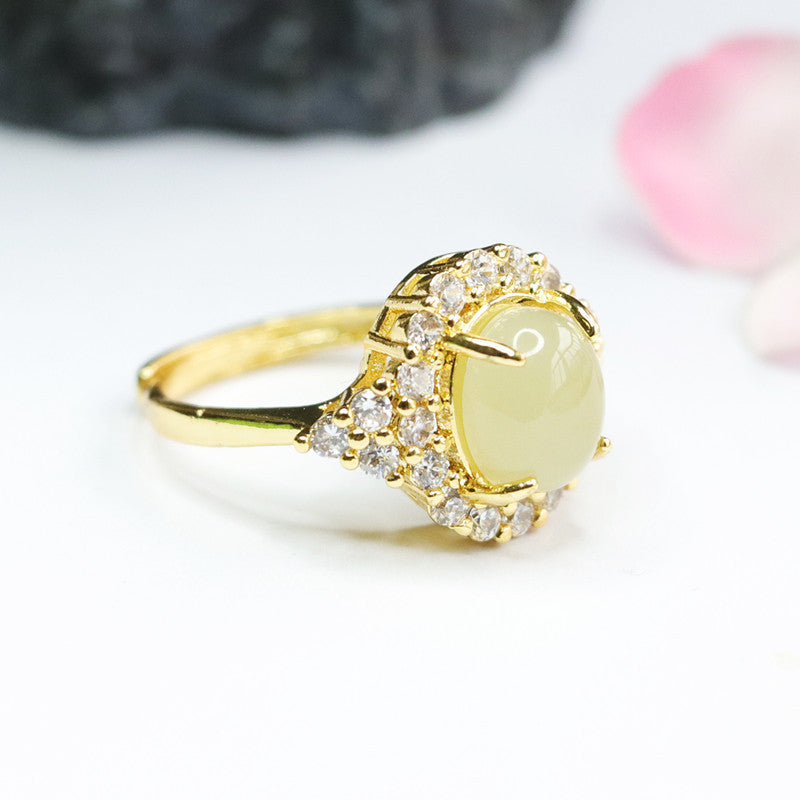 Organic Hetian Jade Ring with Sparkling Zircon Detail, Versatile Sterling Silver Design