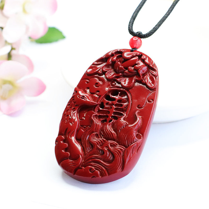 Nine Tailed Fox and Peony Flower Sterling Silver Pendant with Cinnabar Stone