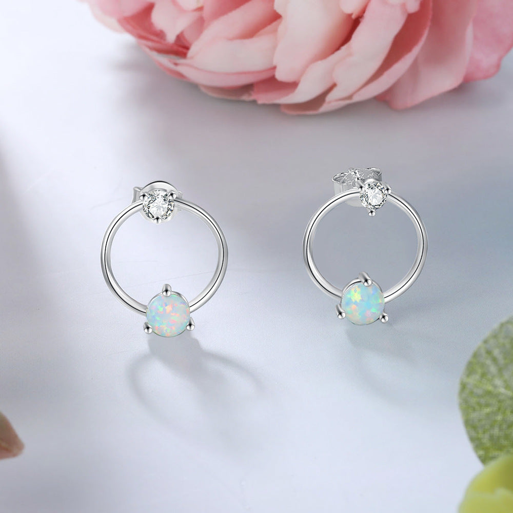 Round Opal Small Zircon Circle Hoop Sterling Silver Stud Earrings