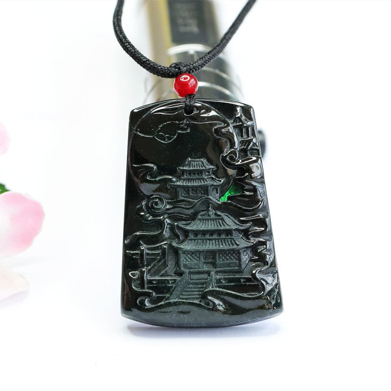 Black-Green Carved Jade Rectangle Pendant