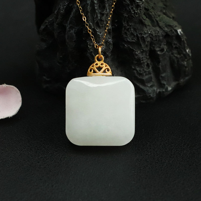 Sterling Silver White Jade Pendant Necklace with Hetian Jade Square Detail