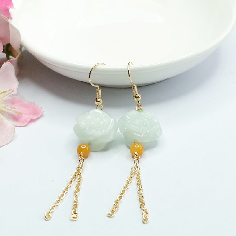 Jade Flower Tassel Earrings with Sterling Silver Ear Hooks