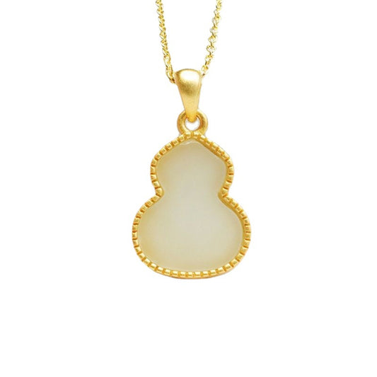 Golden Necklace with Natural Hetian Jade White Gourd Pendant Jewelry