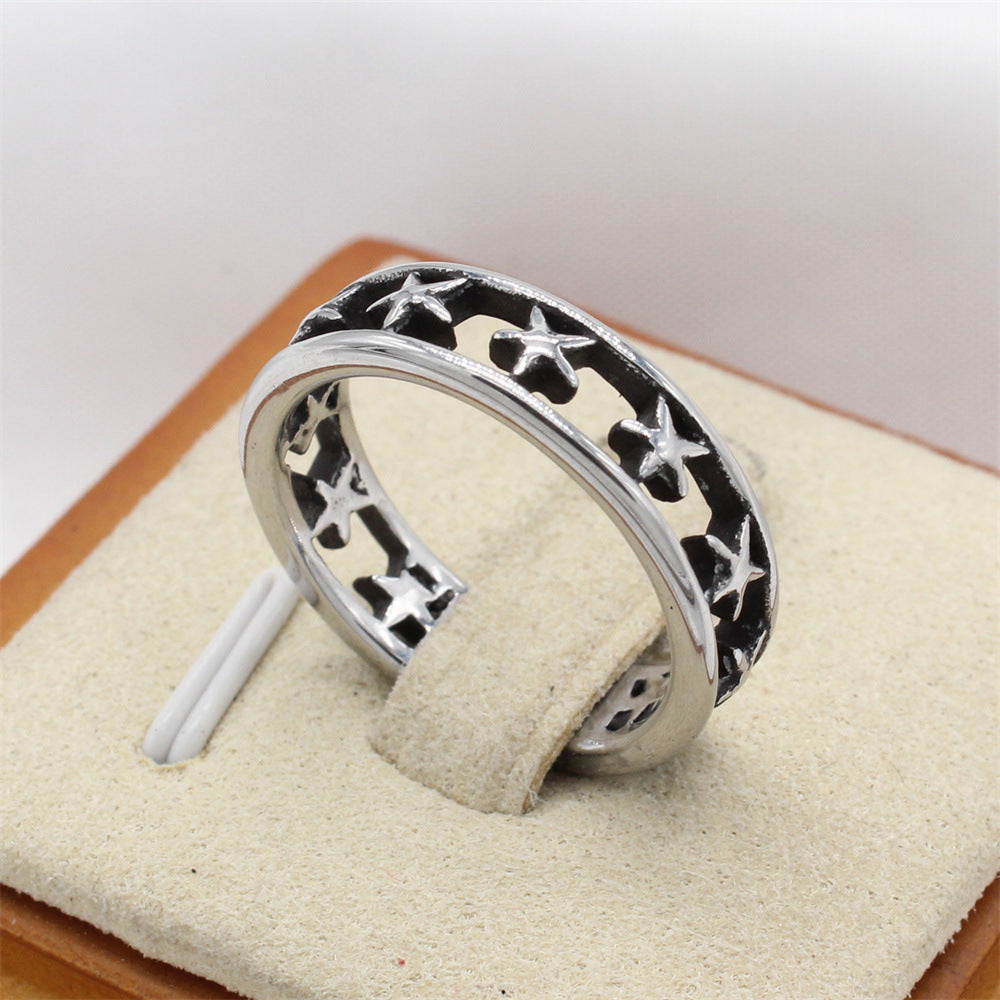 Personalized Retro Hollow Five Star Titanium Steel Ring for Men