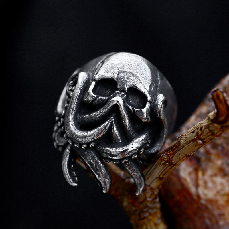 Titanium Steel Octopus Skull Ring - Hip-Hop Punk Style for Men, Wholesale Available