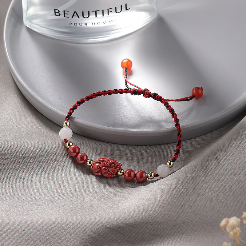 Cinnabar Braided Rope Bracelet with Sterling Silver and Bai Yueguang Charm