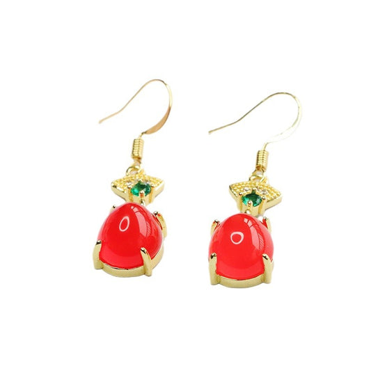 Fortune's Favor Green Chalcedony Red Agate Sterling Silver Earrings with Golden Ear Hooks