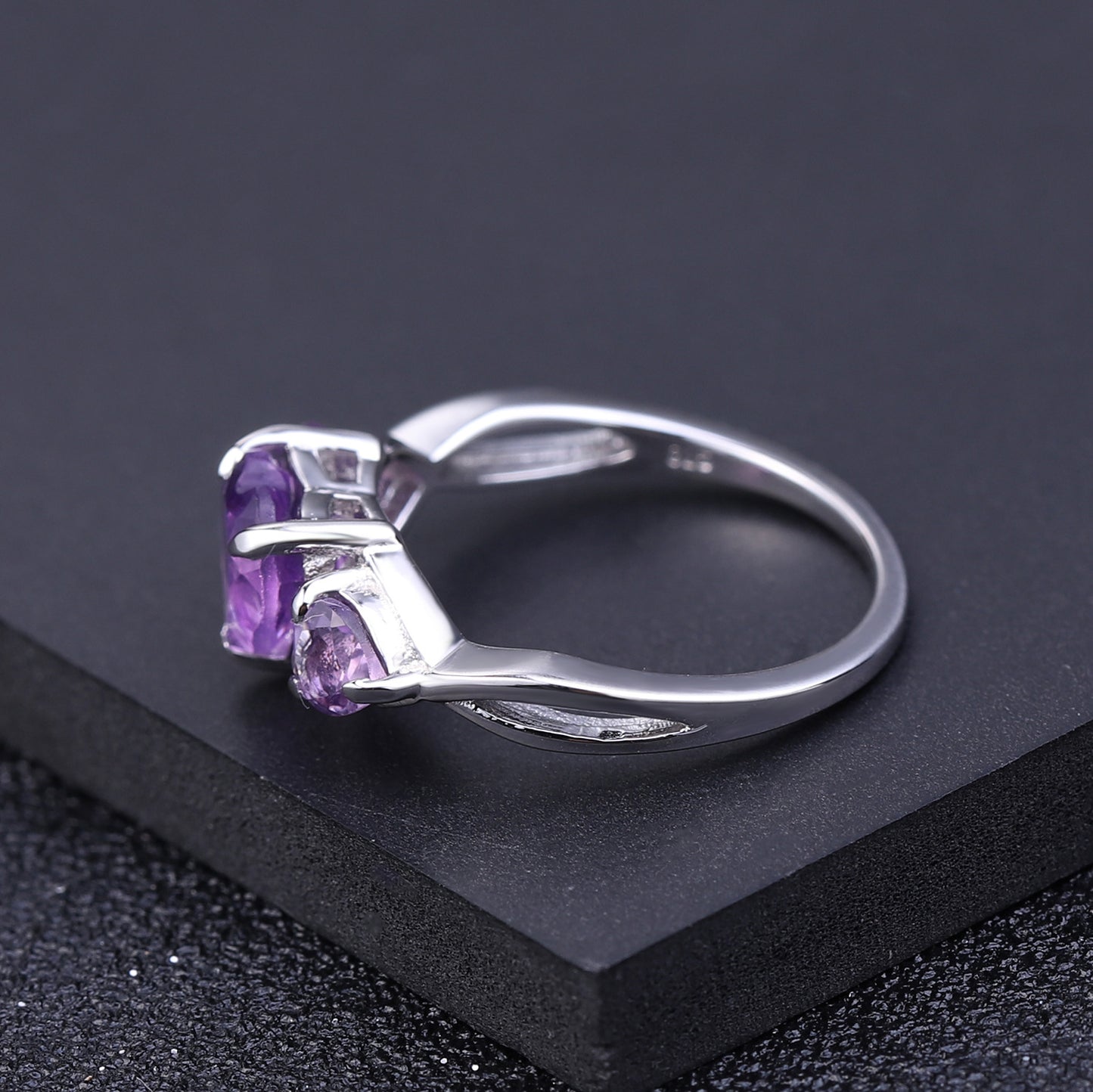 Three Heart Shape Natural Gemstones Silver Ring