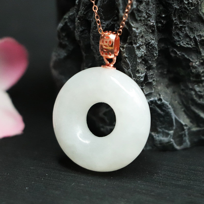 Silver Circle Pendant Necklace with Hotan Jade Detail