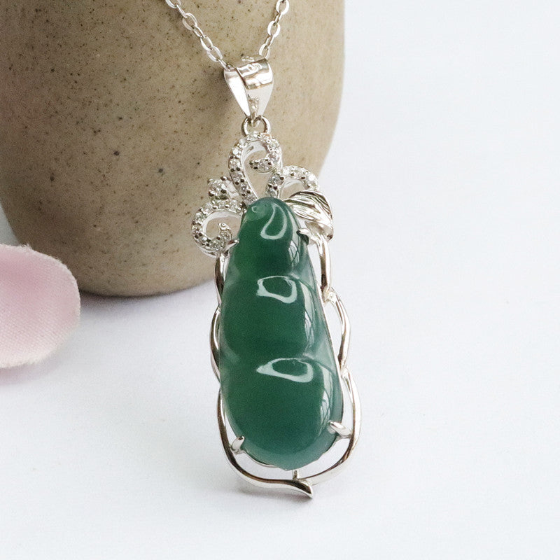 Ice Blue Green Beans Sterling Silver Necklace with Jade Pendant