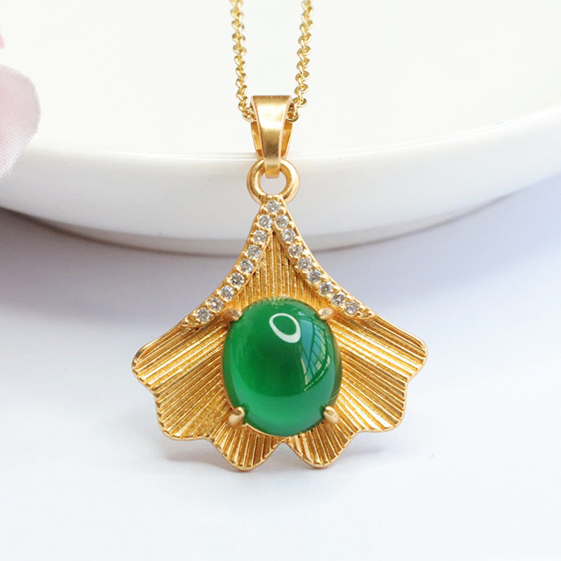 Ginkgo Leaf Pendant Necklace with Imperial Green Chalcedony