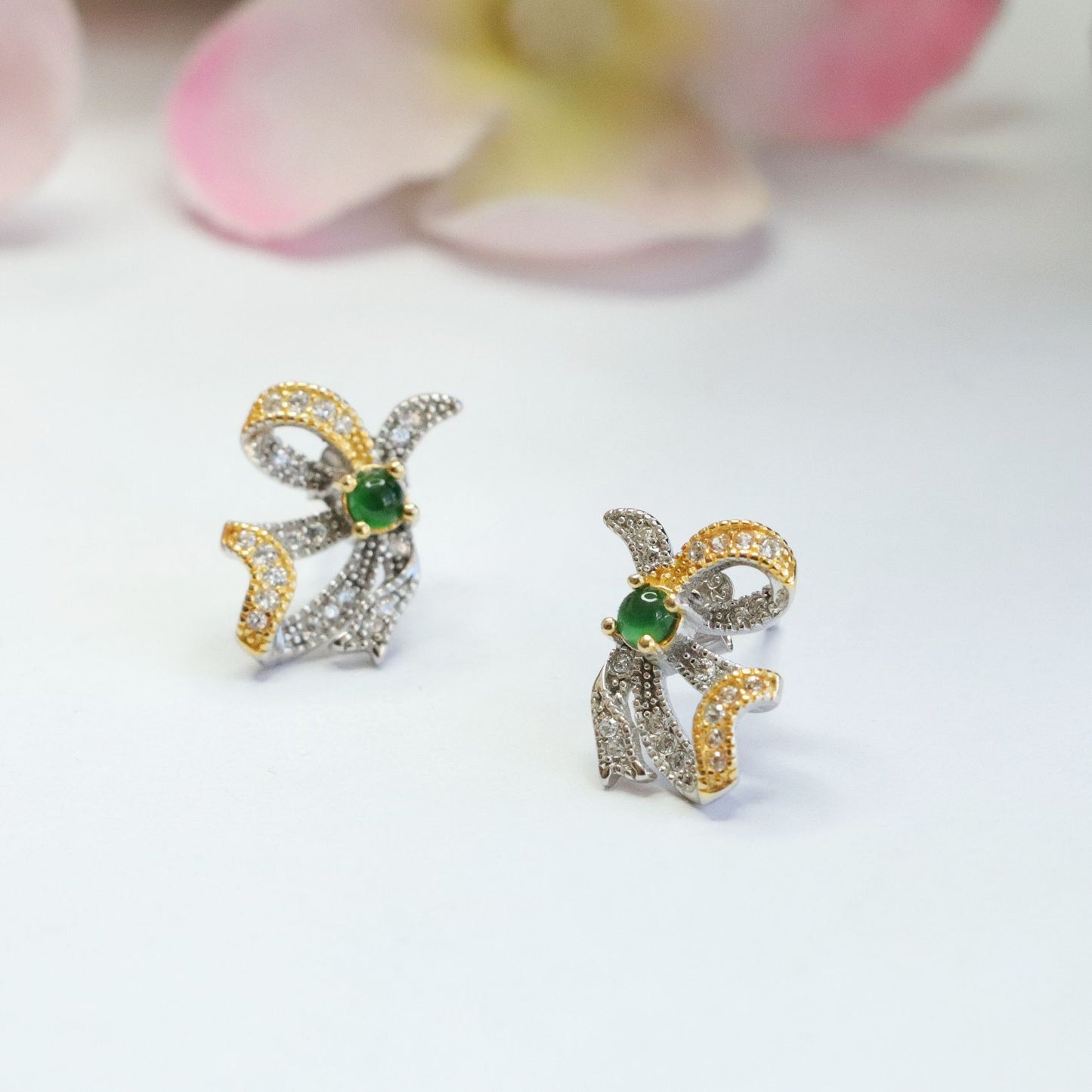 Golden Bow Green Jade Sterling Silver Earrings