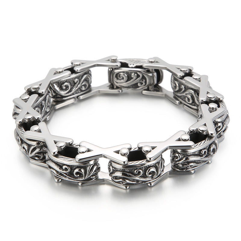 Domineering Floral X-Shaped Hollow Titanium Steel Bracelet for Men from Europe and America