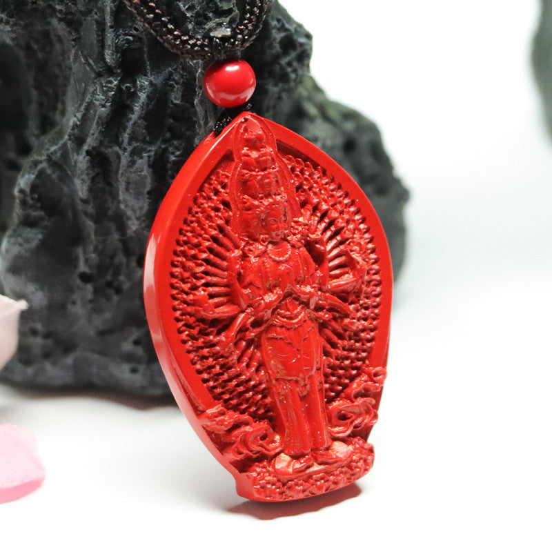 Red Sand Cinnabar Pendant with Thousand Hands and Thousand Eyes Guanyin