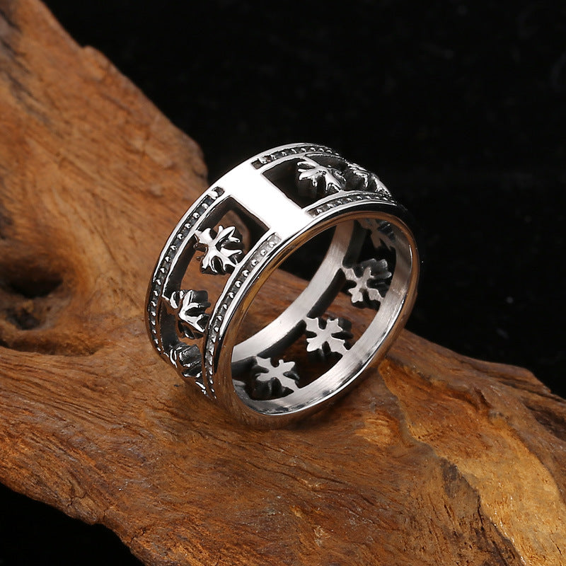 Trendy Men's Titanium Steel Ring with Hollow Cross Flower Design - European and American Style