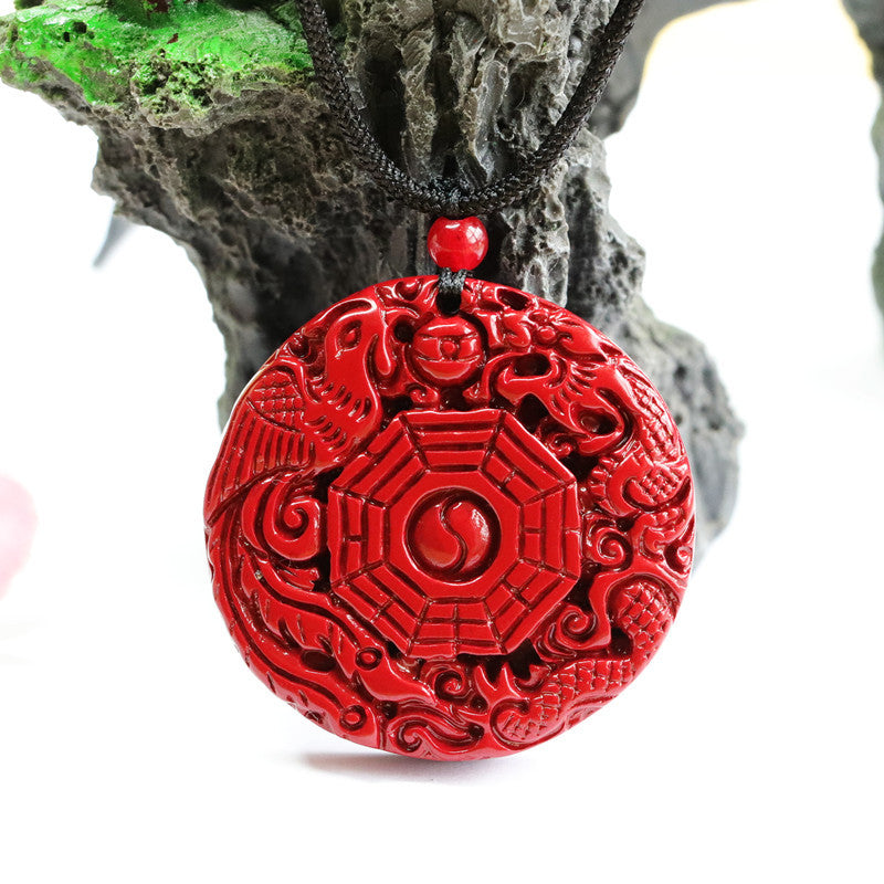 Mystical Cinnabar Pendant with Dragon and Phoenix Design