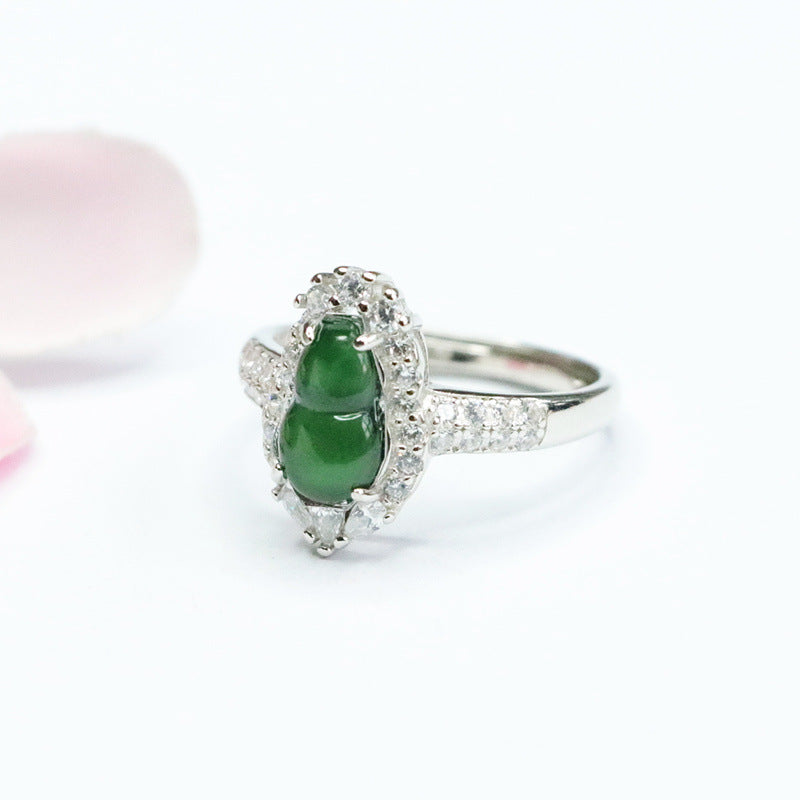 Sterling Silver Adjustable Ice Green Jadeite Gourd Ring