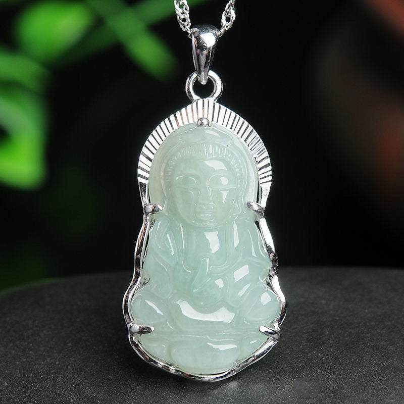 Sterling Silver Guanyin Pendant Necklace with Myanmar Jade Accents