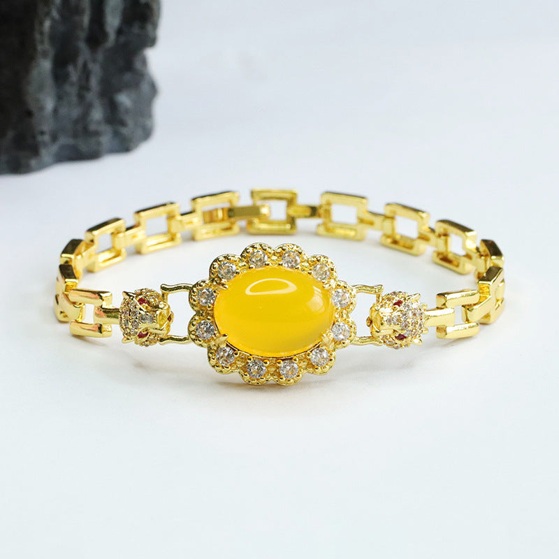 Leopard Head Yellow Chalcedony Bracelet in Sterling Silver