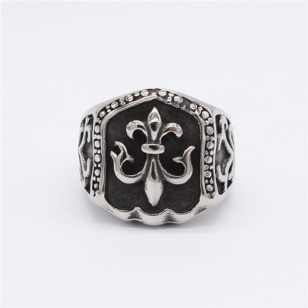 Childern Flower Pentagonal Shield Titanium Steel Ring for Men