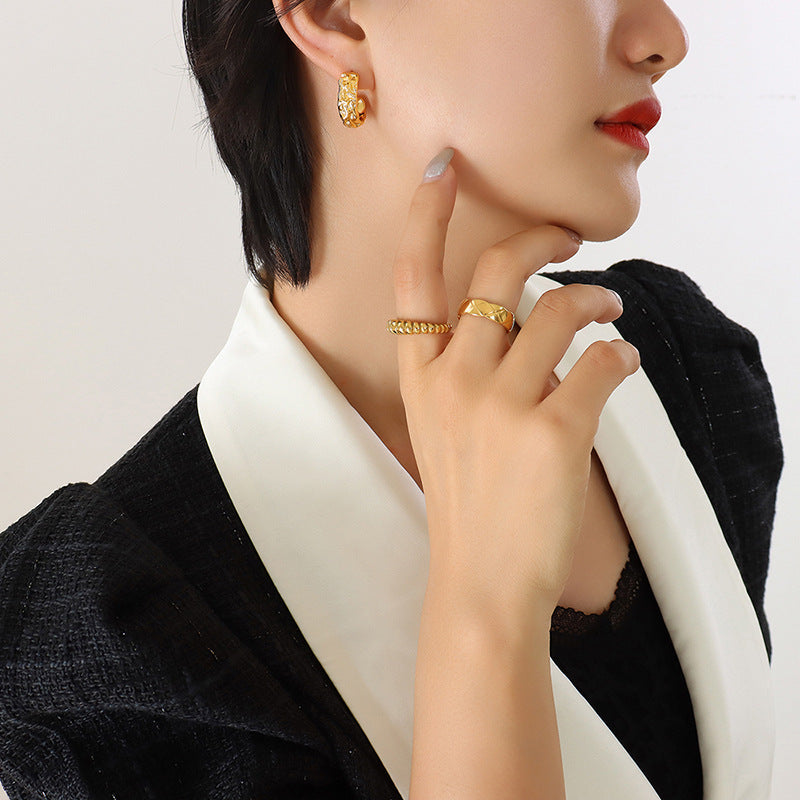 Elegant Titanium Plated C-Shaped Earrings with 18K Gold Accents