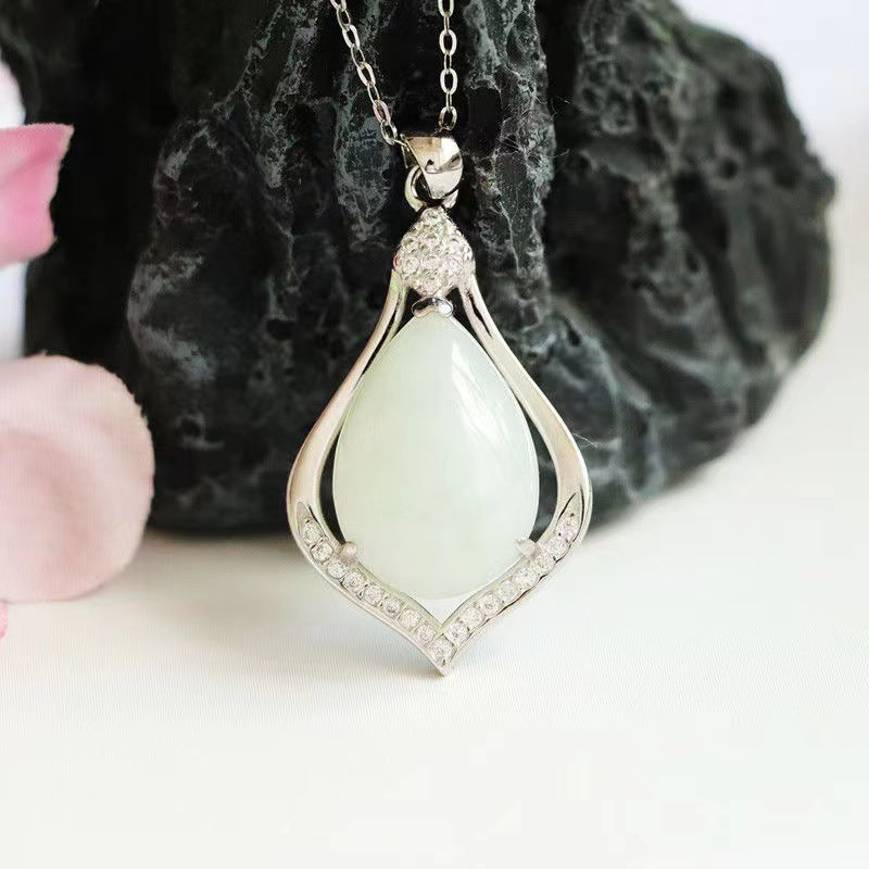 Jewelry Necklace with Sterling Silver Water Drop Natural Jade Pendant and Zircon