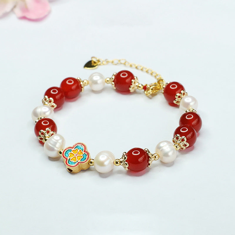 Fortune's Favor Sterling Silver Bracelet with Red Agate and Freshwater Pearl Clover Design