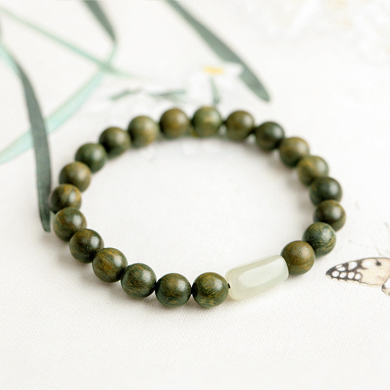 Elegant Handcrafted Green Sandalwood and Hotan Jade Bracelet