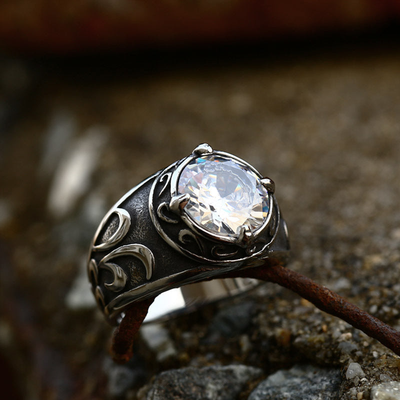 Engraved Vintage Titanium Steel Ring for Men with Color Stone - Personalized Handcrafted Jewelry