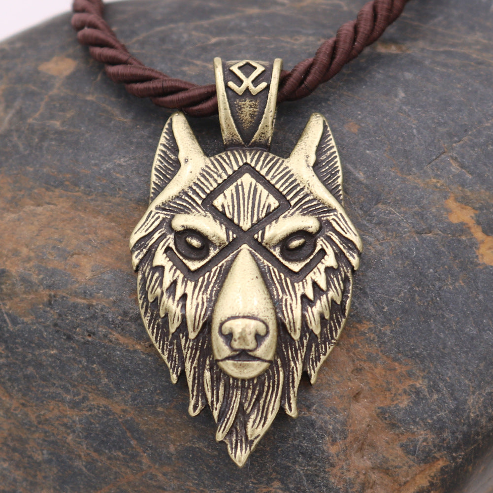 Viking Wolf Head Metal Necklace with Runa Rune Talisman Pendant - Norse Legacy Collection