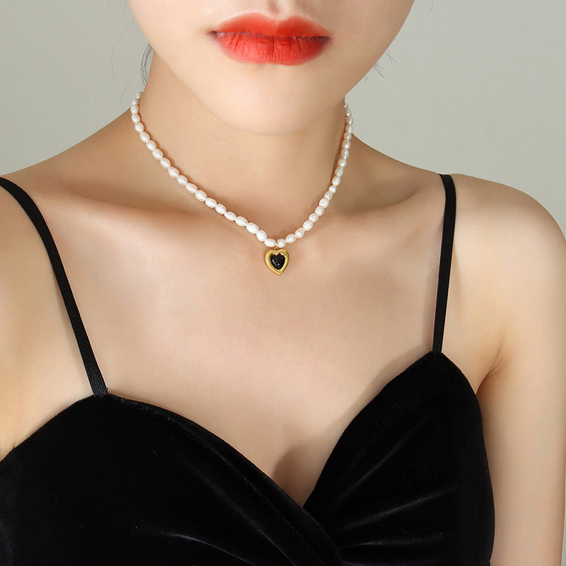 Baroque Pearl and Glass Stone Necklace with Peach Heart Detail