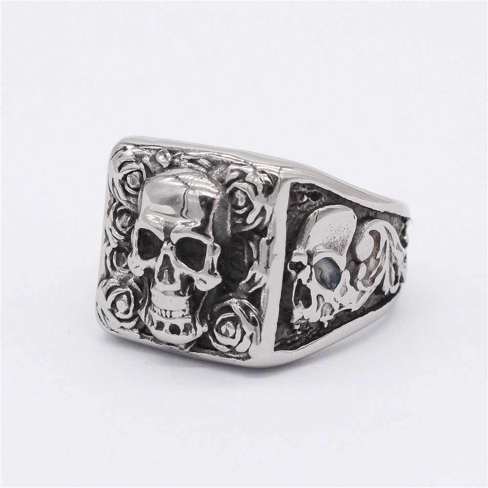 Halloween Carved Skull Roses Square Titanium Steel Ring for Men