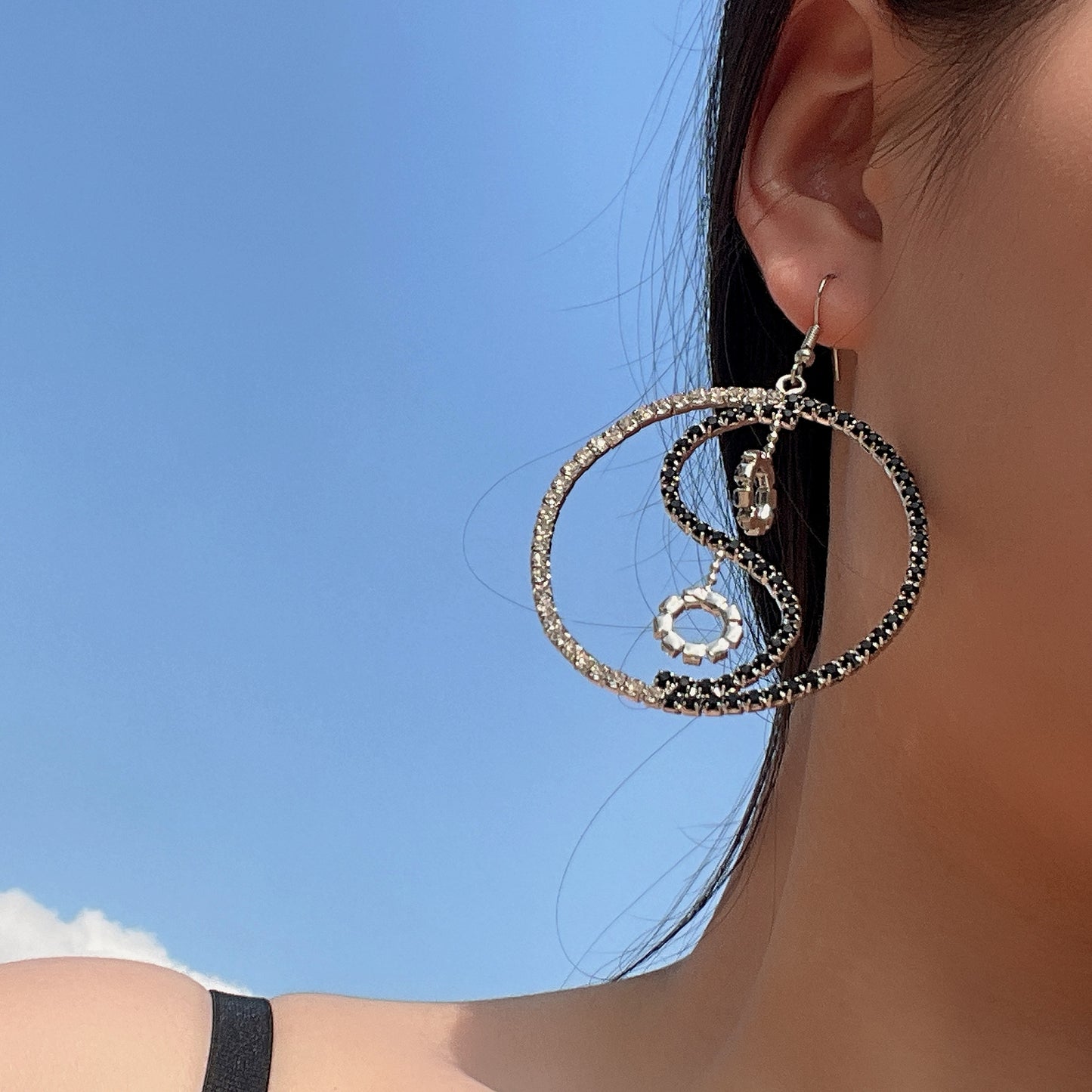 Tai Chi Yin and Yang Retro Earrings with Full Diamond Detail