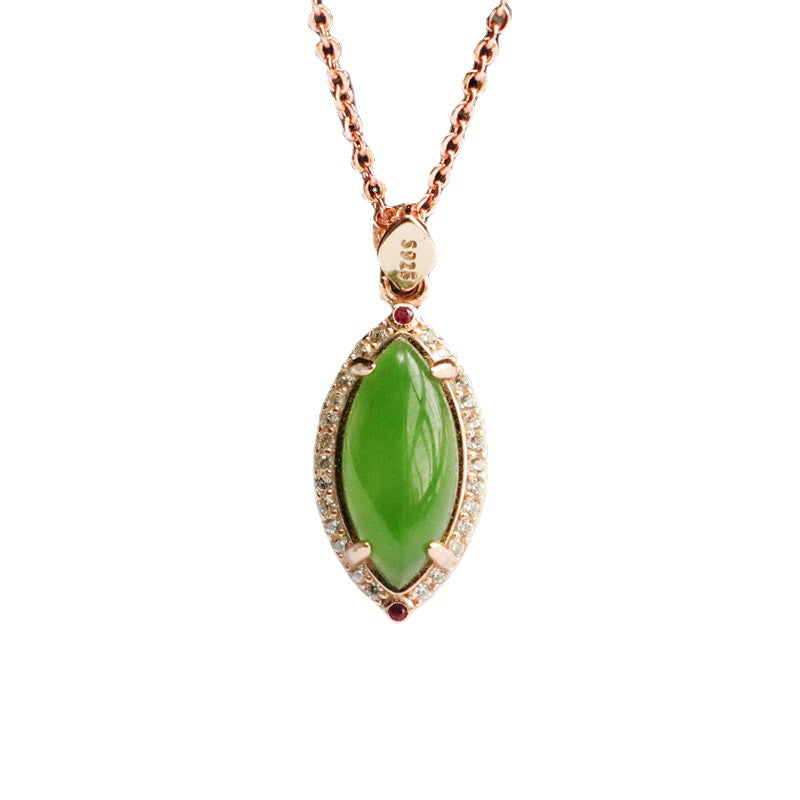 Sterling Silver Hotan Jade Pendant Necklace with Jasper Zircon Halo