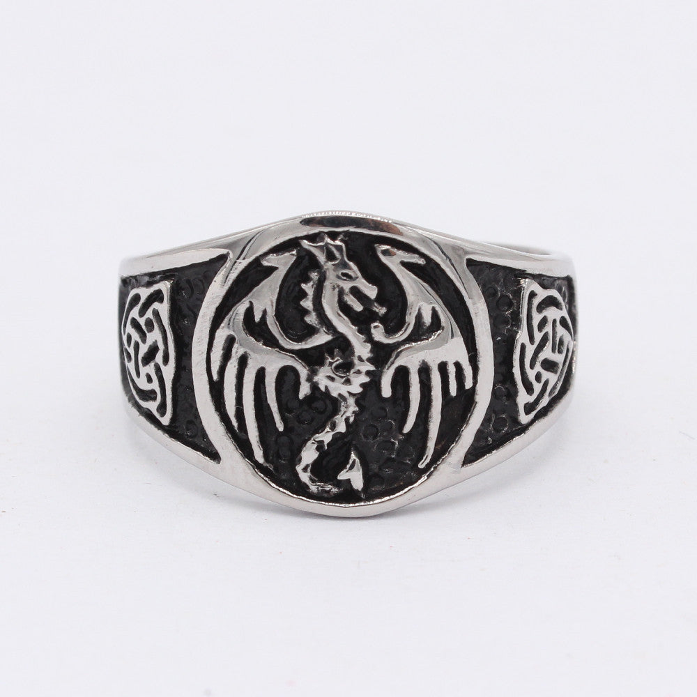 Retro Dragon Clan Logo Men's Titanium Steel Ring with Flying Dragon