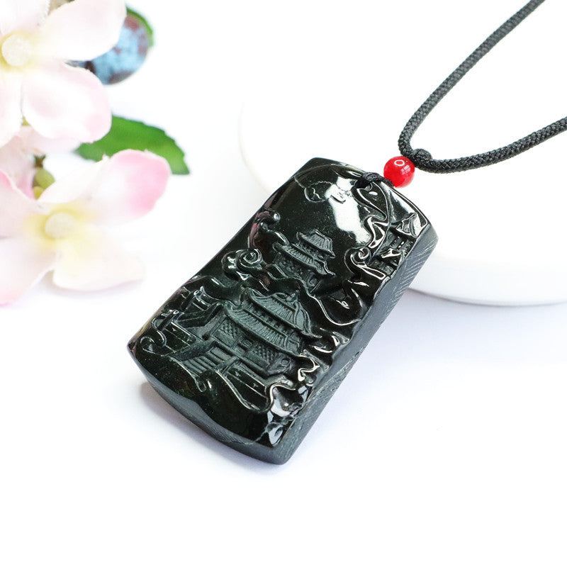 Black-Green Carved Jade Rectangle Pendant