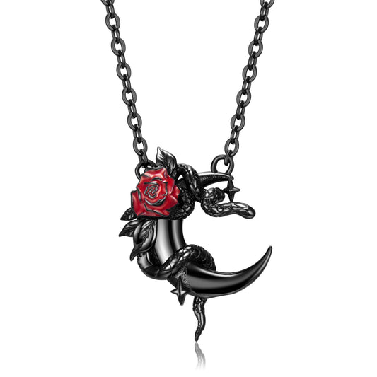 Black Snake and Rose Moon Pendant Silver Necklace